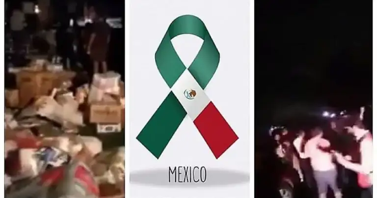 Símbolo de bandera mexicana con escenas de rescate en terremoto