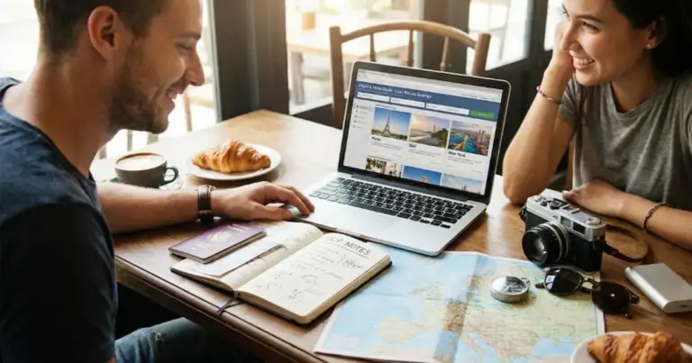 Pareja planificando un viaje en una cafetería mientras buscan ofertas de vuelos y hoteles en una laptop.