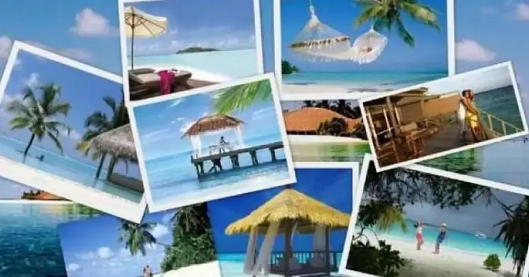 Collage de fotografías de playas, viajes y destinos