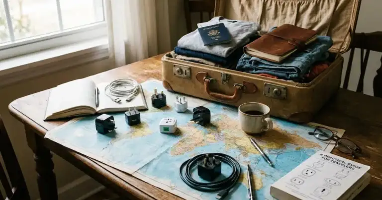 Mesa de viaje con adaptadores de enchufes internacionales, mapa y maleta abierta para ilustrar una guía sobre electricidad en el mundo.