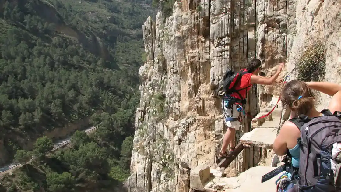 Escaladores practicando rappel en una empinada pared de roca con valles boscosos al fondo