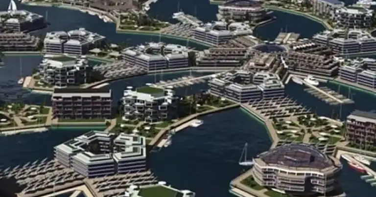 Proyecto de ciudad flotante con edificios e islas