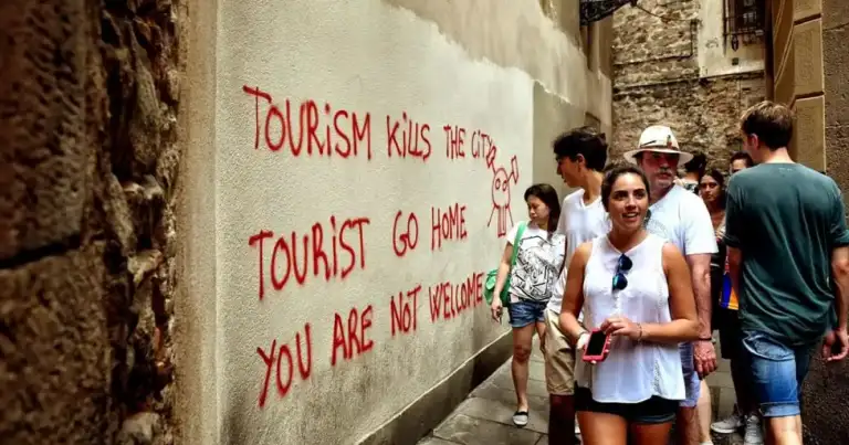 Graffiti en rojo protesta contra el turismo de masas en una calle histórica