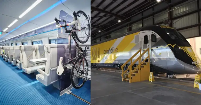 Comparativa de tren mostrando interior con bicicletas y vista exterior del tren