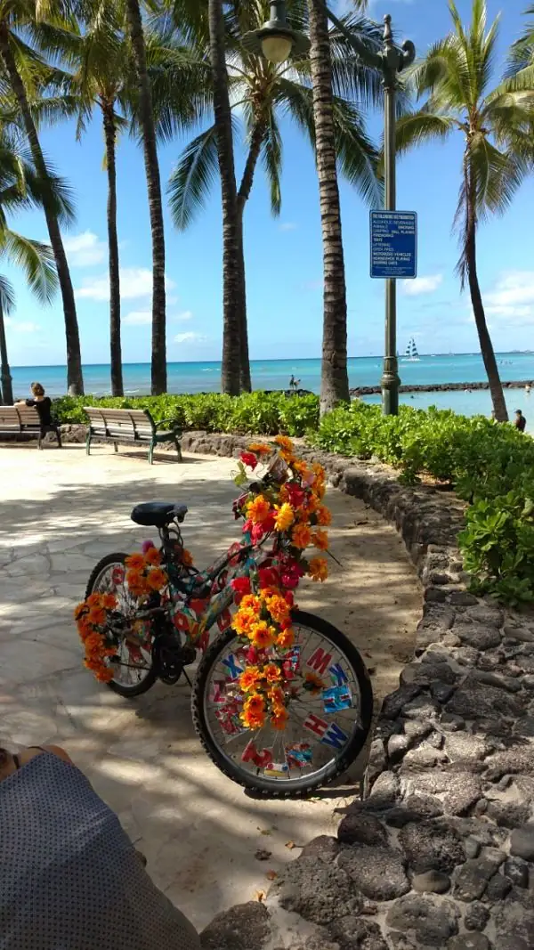 Bicicleta decorada con flores en una playa hawaiana Bicicleta decorada con flores en una playa hawaiana