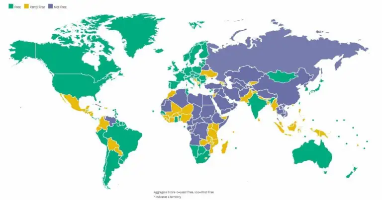 Mapa mundial coloreado mostrando clasificación de libertad por países