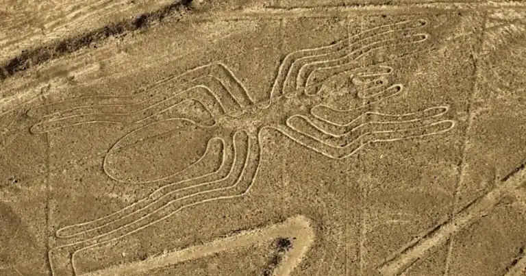 Vista aérea de geoglifo antiguo (figura humanoide) en el desierto