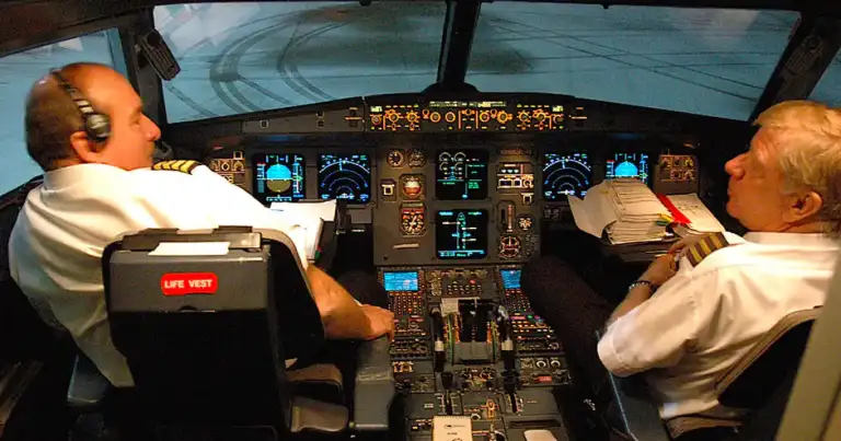 Dos pilotos en cabina de avión observando instrumentos de control durante vuelo