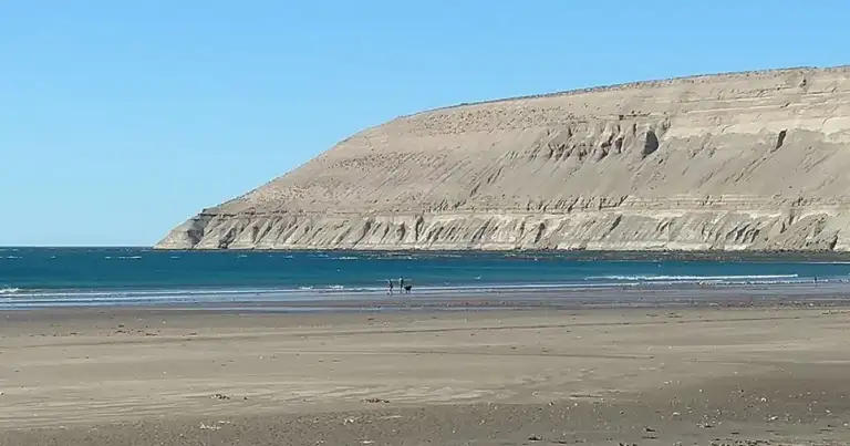 Playa con arena clara junto a acantilado alto de piedra color crema