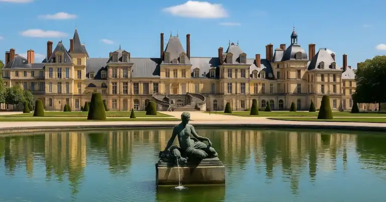 Vista panorámica del Palacio de Fontainebleau, rodeado de jardines franceses y reflejado en un lago tranquilo en Francia