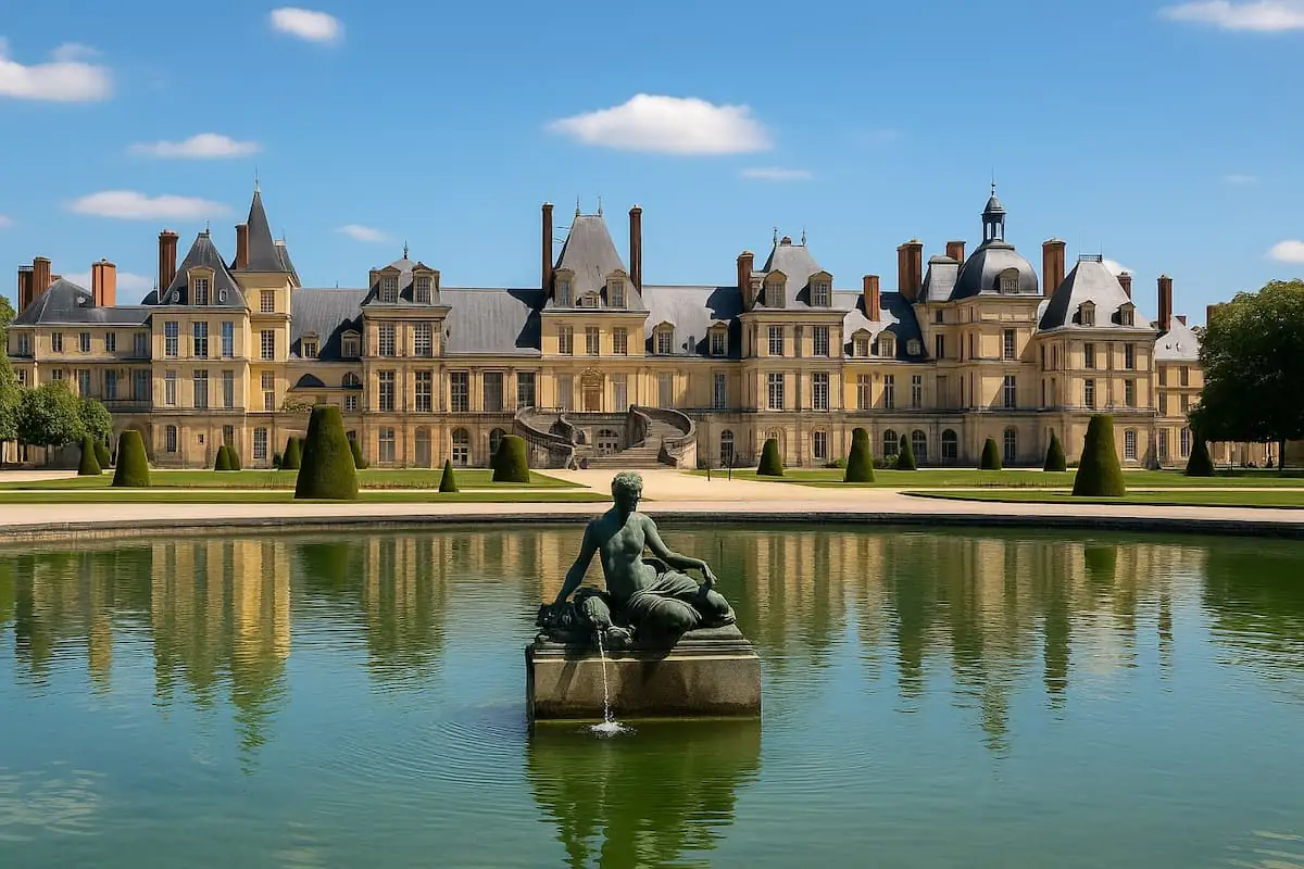 Vista panorámica del Palacio de Fontainebleau, rodeado de jardines franceses y reflejado en un lago tranquilo en Francia