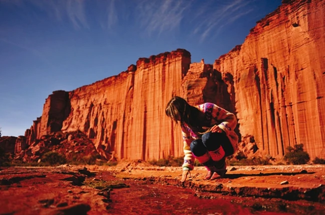 Acantilados de arenisca roja con formaciones geológicas verticales columnar