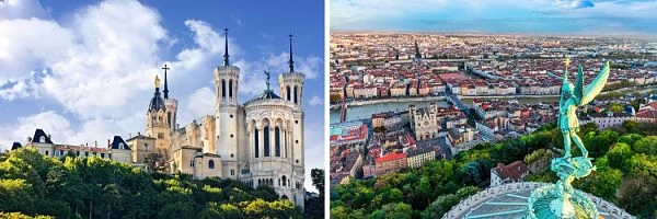 Basílica de Fourvière con torres sobre colina bajo cielo azul