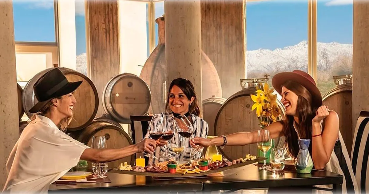 Mujeres catando vinos en bodega con barriles de madera y montaña nevada al fondo