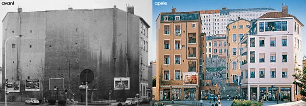 Muro antes y después: comparación de mural artístico coloreado en pared urbana