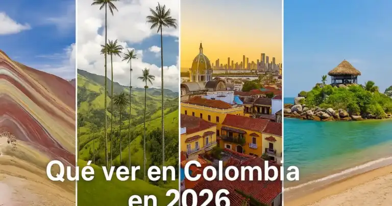 Paisaje representativo de Colombia con montañas andinas, playas del Caribe, pueblos coloniales y naturaleza tropical, ideal para mostrar los principales destinos turísticos del país.