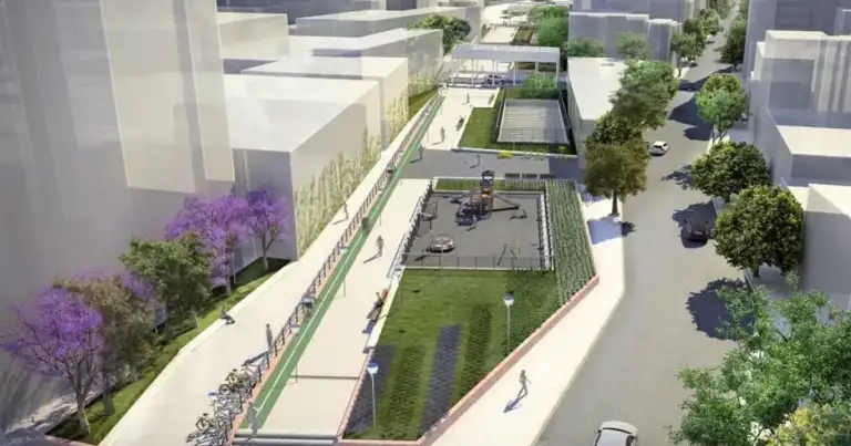 Renderizado de plaza con espacios verdes, árboles y caminos entre edificios