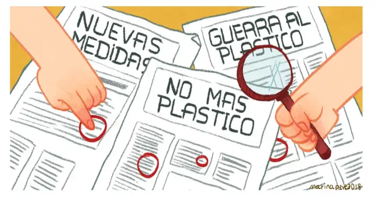 Ilustración con manos sobre periódicos titulados 'Guerra al plástico'