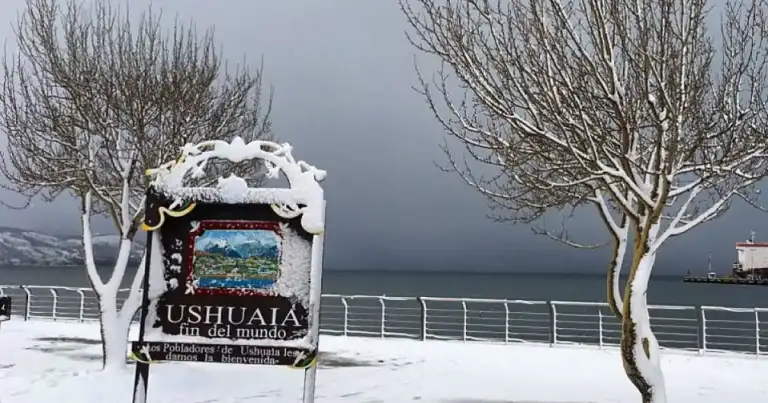 Cartel de Ushuaia con ramas nevadas y vista al agua al atardecer