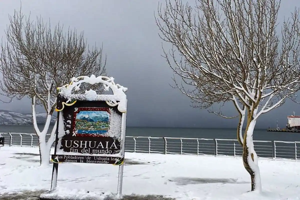 Cartel de Ushuaia con ramas nevadas y vista al agua al atardecer