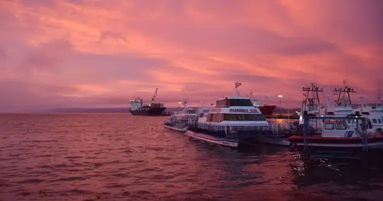 Barcos en puerto durante atardecer rosado en Ushuaia