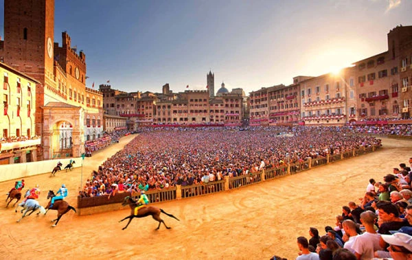 Jinete en carrera de caballos en la plaza del Palio di Siena