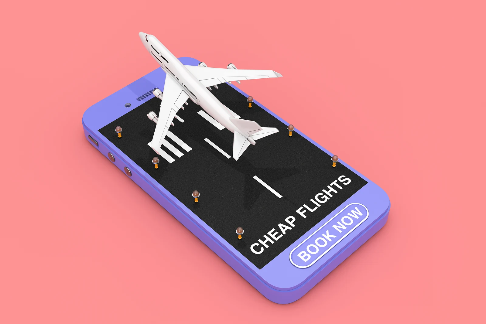 Avión blanco sobre un teléfono móvil morado que muestra «Cheap flights» y «Book now»