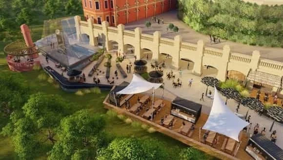 Recreación digital de un espacio de eventos al aire libre con carpas blancas, mesas y puestos de comida entre árboles