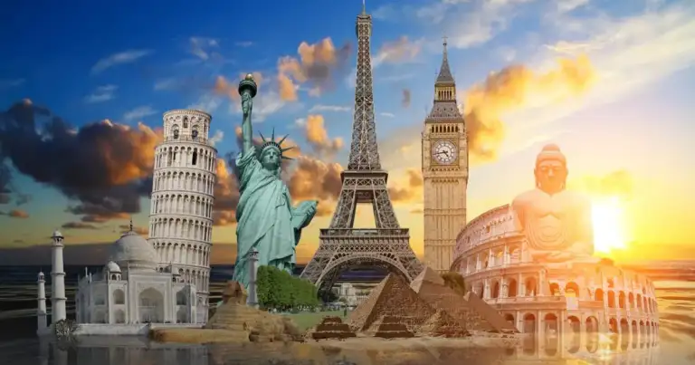 Colage de monumentos famosos mundiales: Taj Mahal, Torre Eiffel, Coliseo