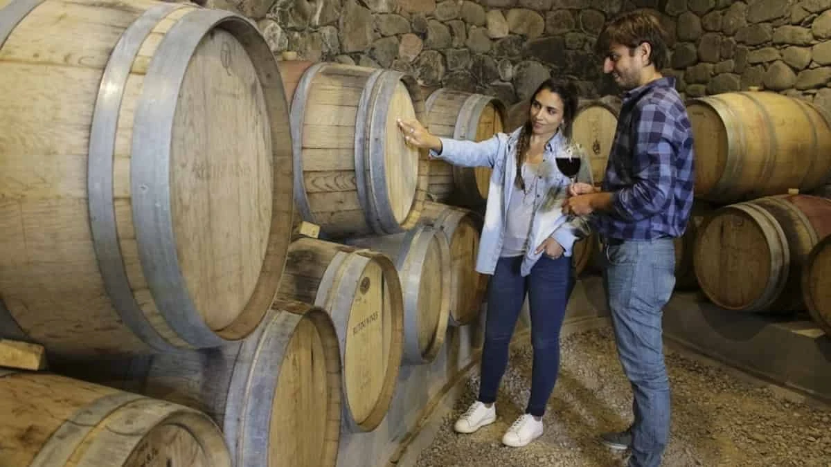 Dos personas en bodega entre barriles de vino de madera