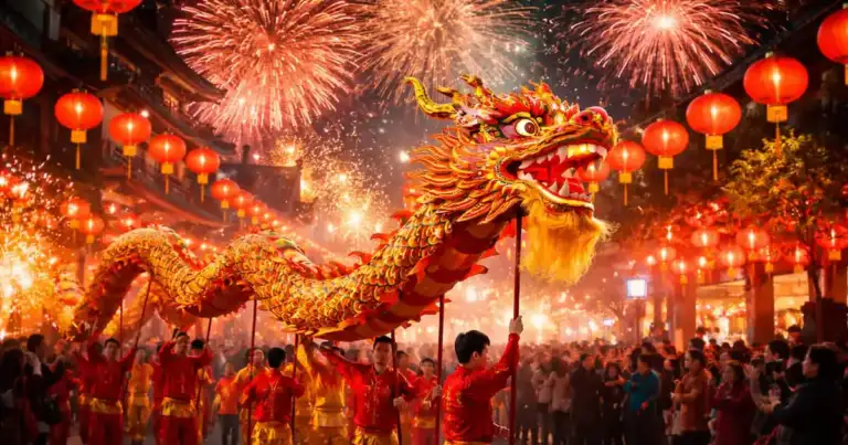 Celebración del Año Nuevo chino con danza del dragón, faroles rojos y fuegos artificiales durante el Festival de Primavera