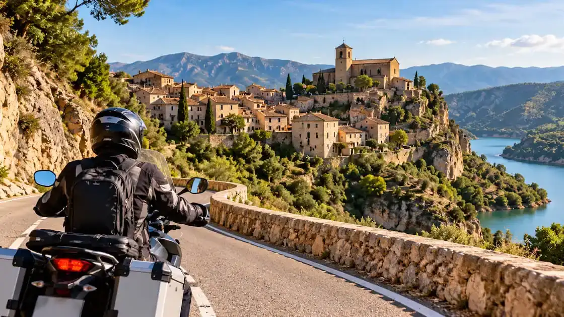 Motociclista recorriendo una carretera de montaña junto a un pueblo de piedra, una de las rutas en moto por los pueblos más lindos de España.