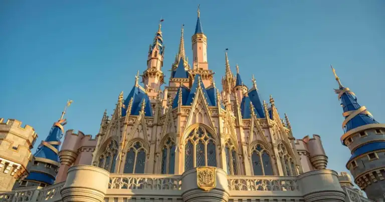 Castillo de cuento de hadas con torres azules y doradas al atardecer