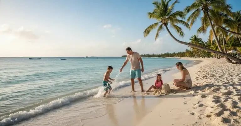 Familia jugando en la playa de Punta Cana durante unas vacaciones con niños.