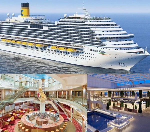 Crucero blanco con vistas de camarotes y zonas comunes interiores