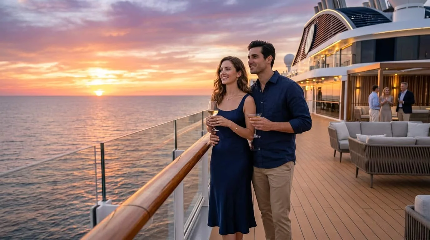 pareja disfrutando atardecer en un crucero con bebidas