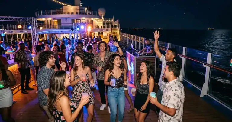 grupo de jóvenes disfrutando una fiesta en un crucero de noche