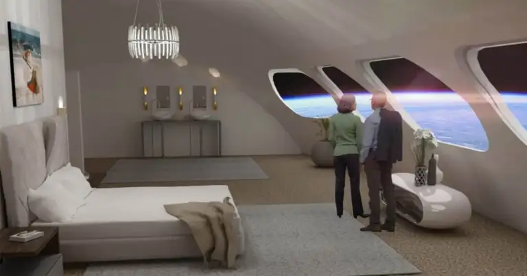 Habitación futurista de hotel espacial con ventanas panorámicas y muebles minimalistas