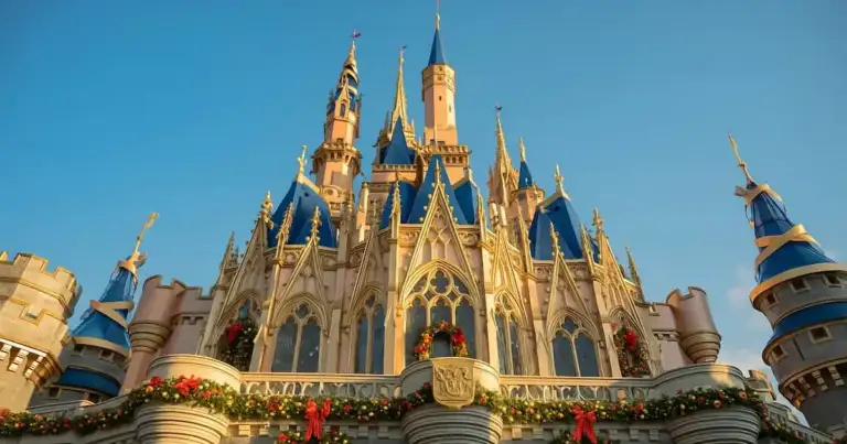 Castillo de Disney en Orlando decorado con guirnaldas y luces navideñas al atardecer.