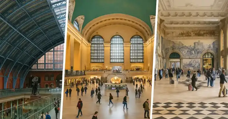 Collage de las estaciones de tren más lindas del mundo en 2025: St. Pancras, Grand Central y São Bento.