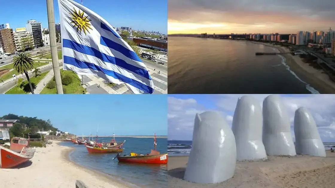 Composición: bandera, atardecer sobre agua, playas con barcos y esculturas blancas