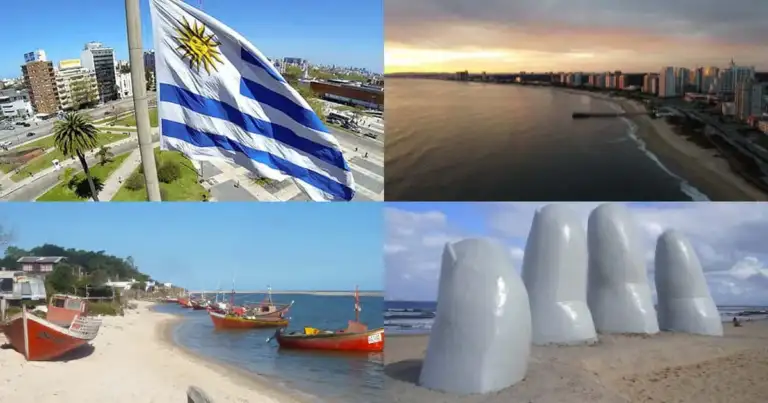 Composición: bandera, atardecer sobre agua, playas con barcos y esculturas blancas