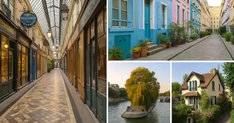 Collage de rincones secretos de París con calles antiguas, jardines escondidos, pasajes cubiertos y terrazas con encanto.