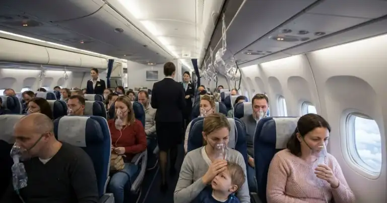 Pasajeros usando máscaras de oxígeno en la cabina de un avión durante una despresurización.