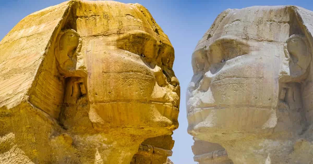 Primer plano de dos cabezas de piedra talladas, una con tono amarillento