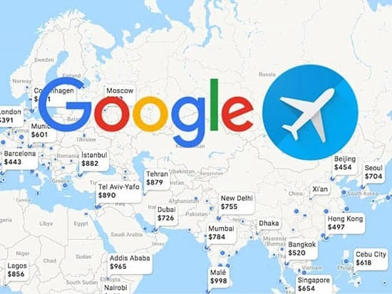 Mapa de Europa y Asia con logo Google, icono avión y precios de vuelos
