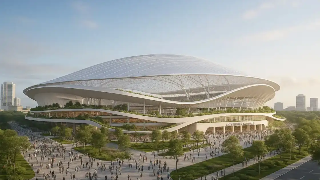 Render del nuevo estadio futurista de los Jacksonville Jaguars con diseño curvo, techo translúcido y áreas verdes en Jacksonville, Florida.
