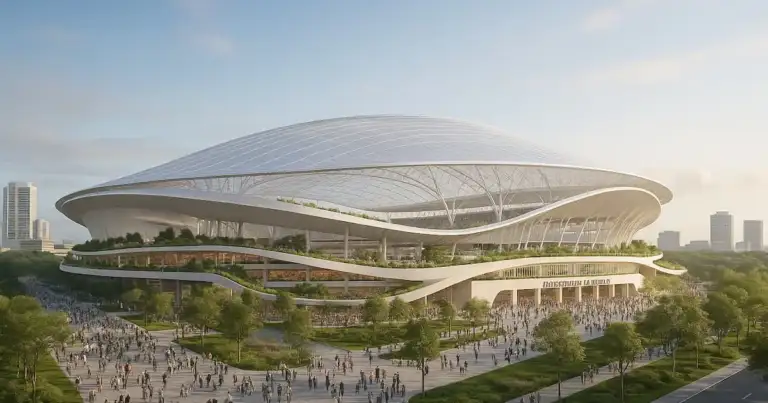 Render del nuevo estadio futurista de los Jacksonville Jaguars con diseño curvo, techo translúcido y áreas verdes en Jacksonville, Florida.