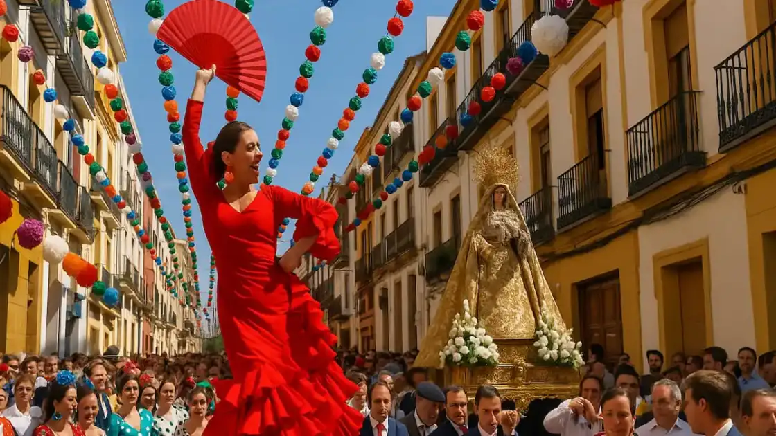 Personas celebrando en una tradicional fiesta española con trajes coloridos, música y baile en una plaza al aire libre