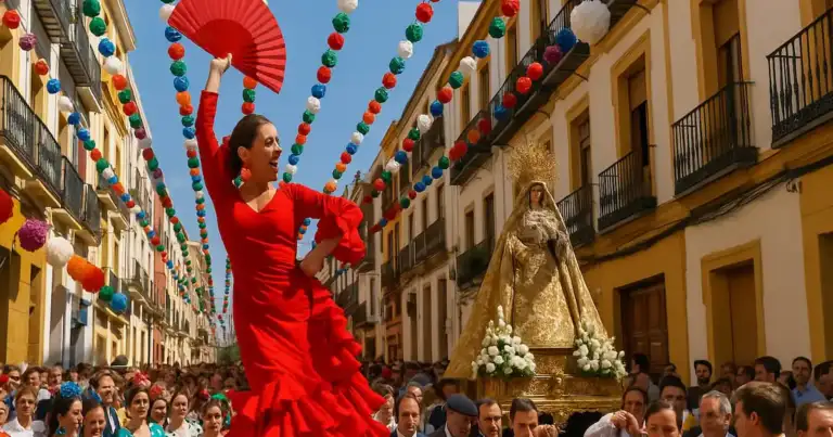Personas celebrando en una tradicional fiesta española con trajes coloridos, música y baile en una plaza al aire libre